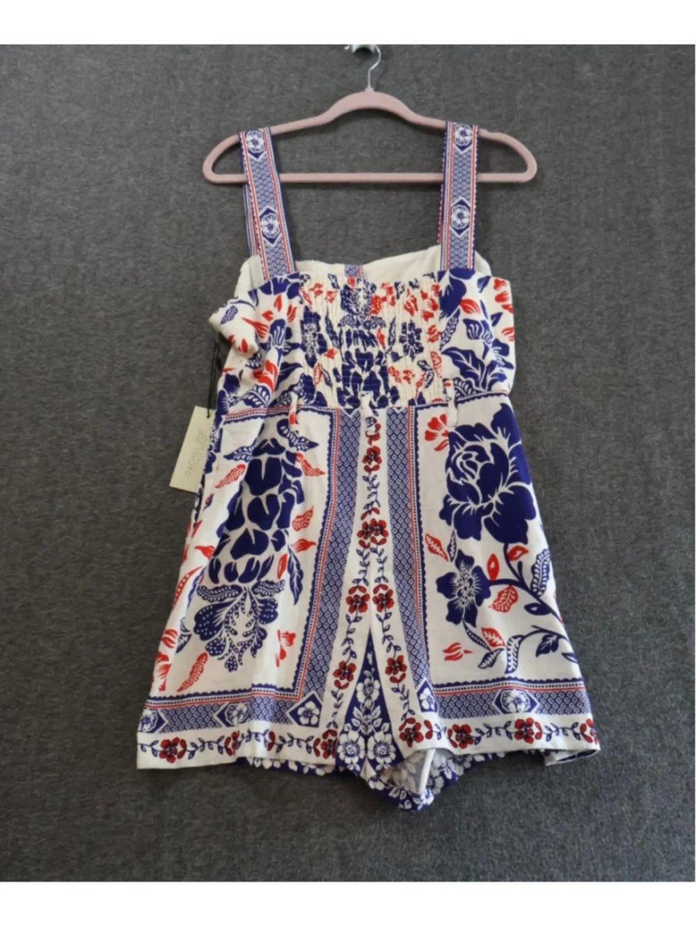 Rachel Zoe Floral Romper Size 12 Blue White Red Smocked Linen Blend NWT - Picture 4 of 6